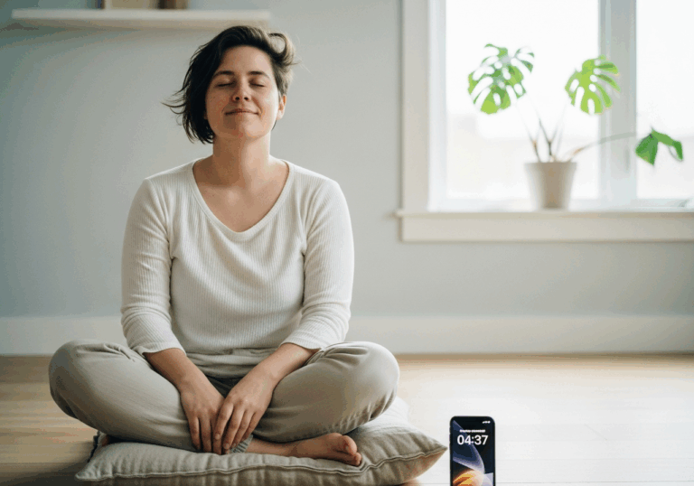 Guided diaphragmatic breathing ≥5 min per session, multiple sessions with initial human guidance, reduced anxiety in high‑stress groups with >70% of interventions effective.