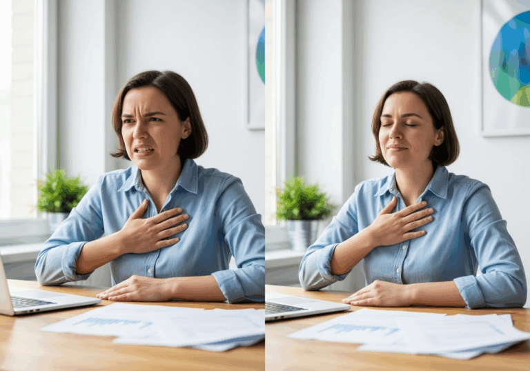 One week of guided deep diaphragmatic breathing practice in workplace stress test produced ~10 bpm HR reduction and enhanced feeling of calm and vigor among participants.