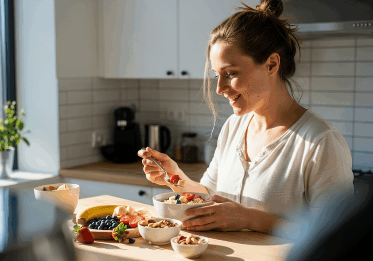 Consuming a low‑GI, high‑fiber breakfast reduces postprandial glucose rise by ~30% and prevents mid-morning fatigue, supporting mood and alertness.