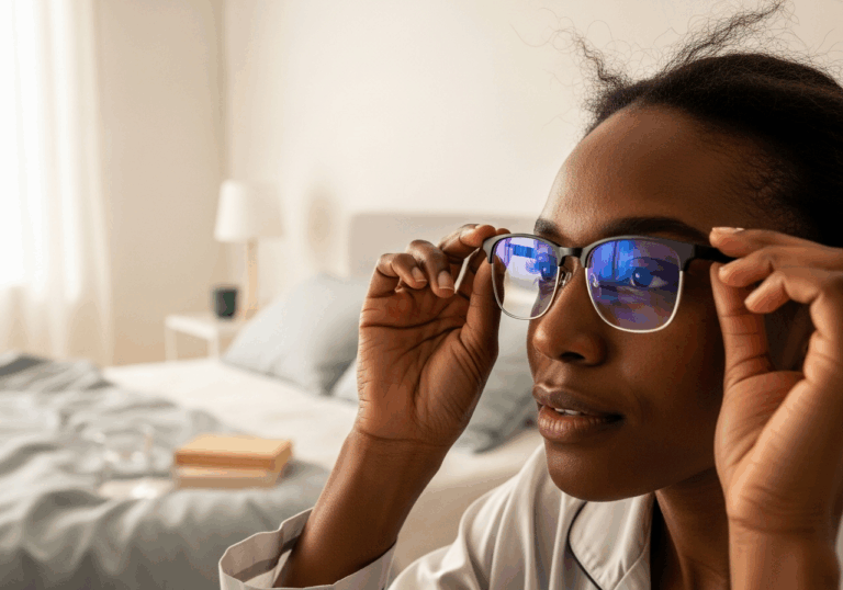 Wearing blue-blocking glasses before sleep improved work engagement and task performance, uplifting mood by enhancing next-day mental clarity.