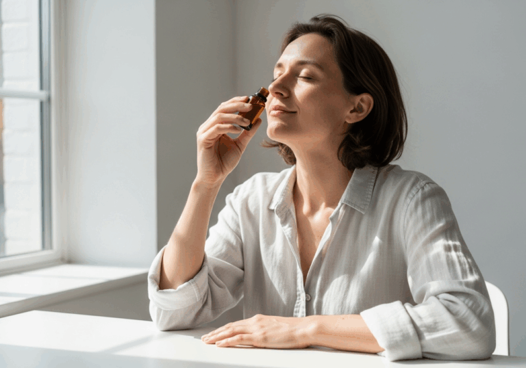 Performing controlled breaths with rose oil inhalation during high-stress tasks reduces salivary cortisol levels by ~30%, uplifting mood through stress hormone attenuation.
