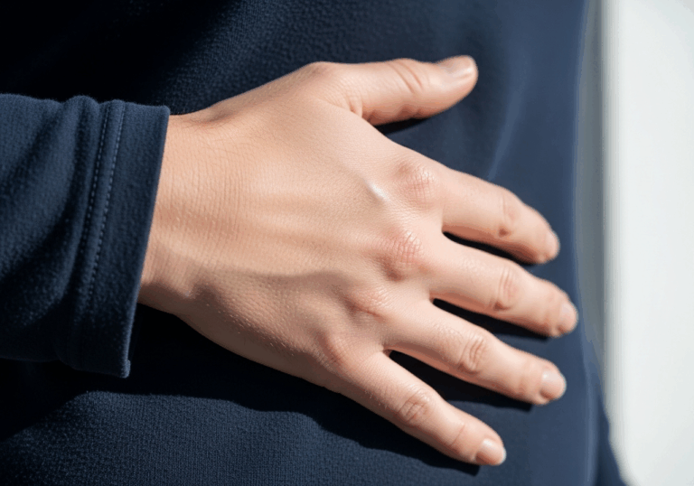 Performing a “hand-on-belly” hold for ~20 seconds during distress lowers cortisol by ~16%, helping cultivate emotional ease through self-contact.