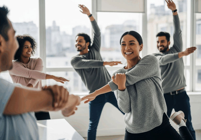 Workplace group stretching synchronously for 10 min can boost self‑esteem and social mood via synchrony and movement coordination, improving mood by ~15% self‑esteem scale.