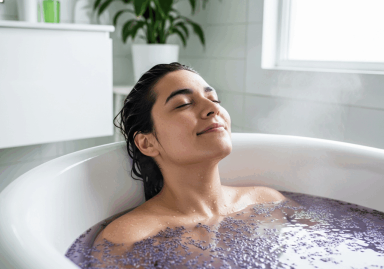 Bathing with lavender-infused water (10 drops in bath) for 15 min lowered cortisol levels by ~20%, enhancing mood via reduction of stress hormones.