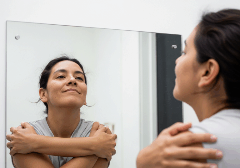 Practicing a 10‑second self-hug in front of a mirror while repeating a compassionate phrase lowers heart rate by ~4 bpm and increases positive affect by ~12%.