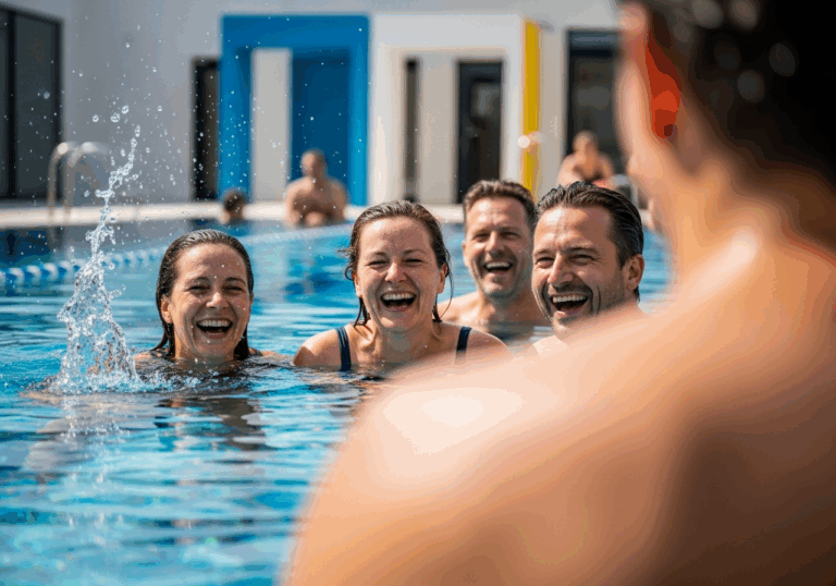 Low-cost communal spaces like public pools increase social interaction and mental well-being, improving mood via group leisure engagement.