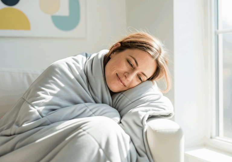 Sleeping under a weighted blanket for one month can reduce insomnia-related symptoms—improving PSQI score by ~2.1 points and lowering anxiety, stress, fatigue, and bodily pain (all p < 0.05)—anchoring emotional calm via tactile pressure.