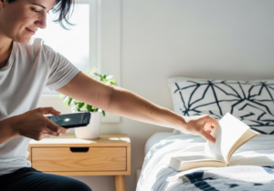 Avoiding any screens for at least 30 minutes before bedtime can increase sleep efficiency and reduce sleep latency via less melatonin suppression, improving mood through more restful sleep.